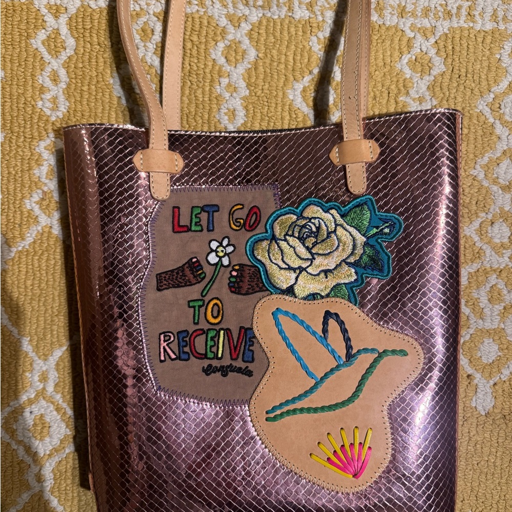 Stylish Metallic Tote Bag with Embroidered Patches